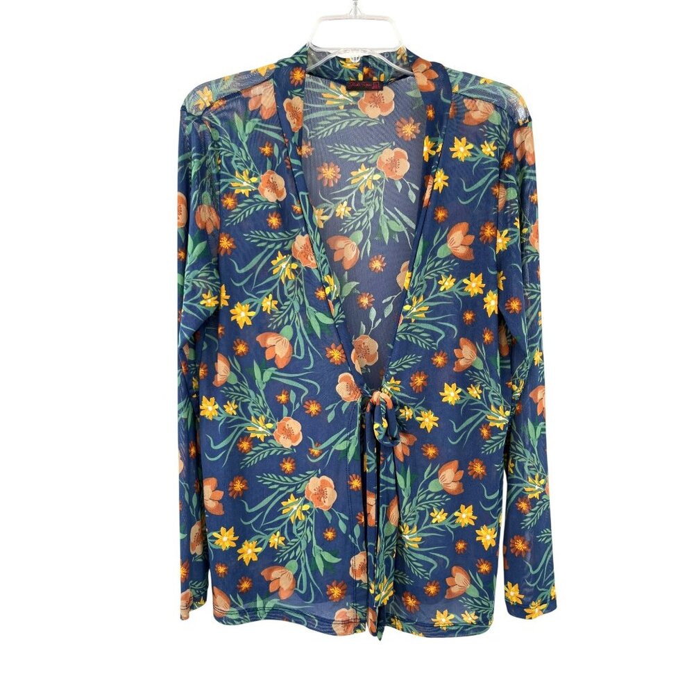 Sheila Rose Coastal Floral Sheer Tie Front Blouse L Used